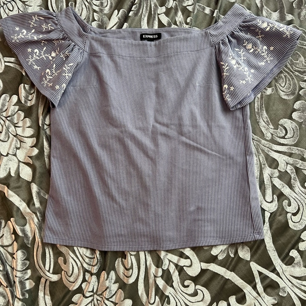 Express Lavender Ribbed Off-Shoulder Top with Embroidered Flutter Sleeves